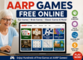 Illustration of free AARP online games on a tablet showing word puzzles and solitaire.