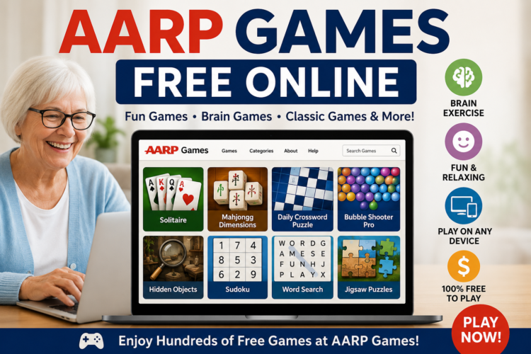 Illustration of free AARP online games on a tablet showing word puzzles and solitaire.