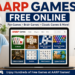 Illustration of free AARP online games on a tablet showing word puzzles and solitaire.