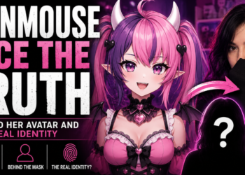Ironmouse VTuber avatar with pink and purple hair and small horns