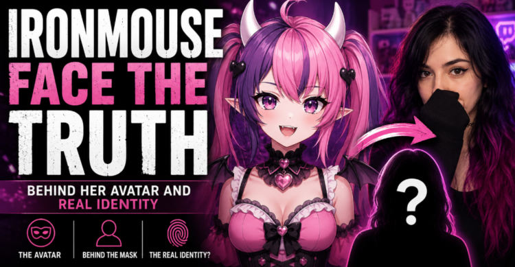 Ironmouse VTuber avatar with pink and purple hair and small horns