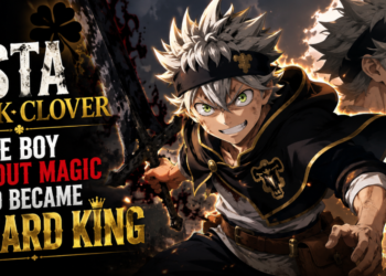 Asta from Black Clover holding Anti-Magic swords from his five-leaf clover grimoire