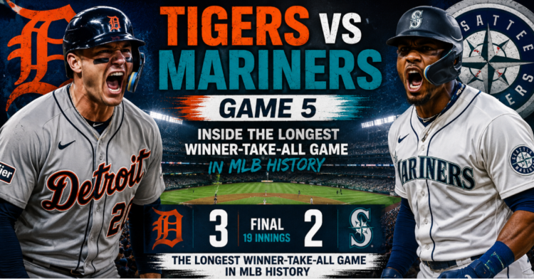 Seattle Mariners celebrating walk-off win over Detroit Tigers in ALDS Game 5 at T-Mobile Park