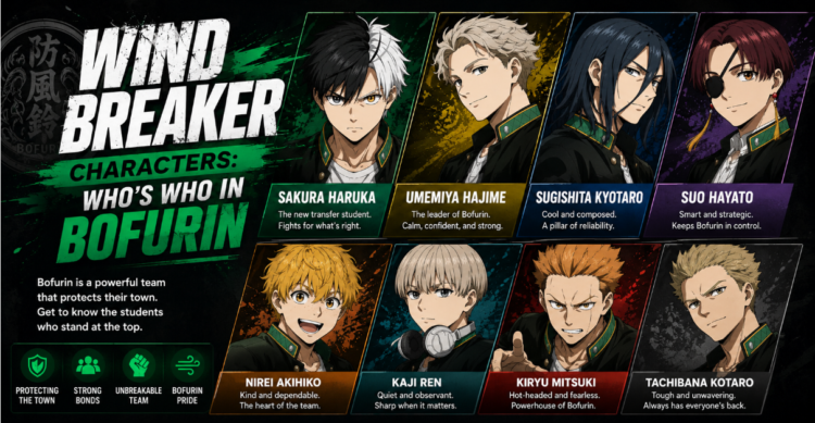 Wind Breaker characters including Haruka Sakura and the Bofurin crew from Furin High School